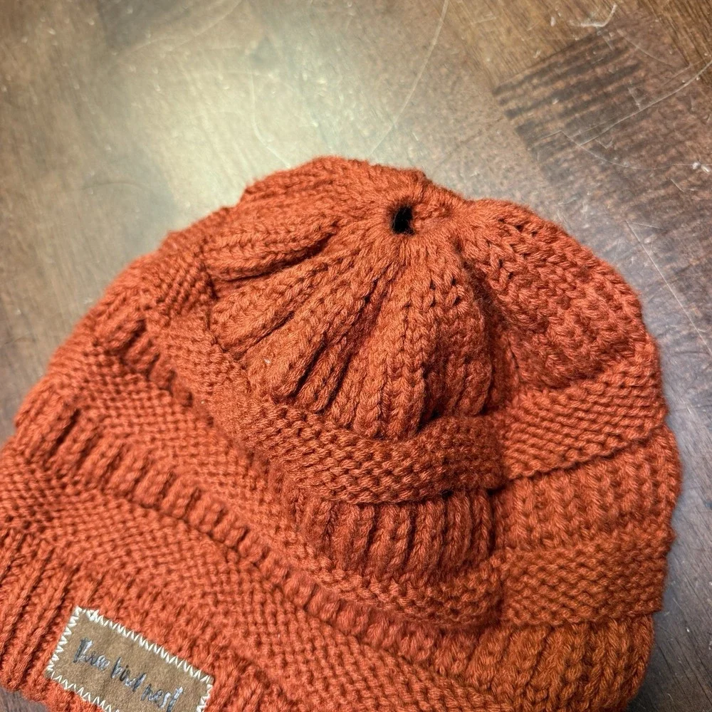 Three Bird Nest Dark Orange Acrylic Knit Winter Patch Hat Ponytail‎